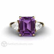 Color Change Purple Sapphire Engagement Ring Emerald Cut 3 Stone 14K Yellow Gold - Rare Earth Jewelry