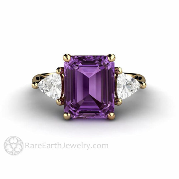 Color Change Purple Sapphire Engagement Ring Emerald Cut 3 Stone 14K Yellow Gold - Rare Earth Jewelry