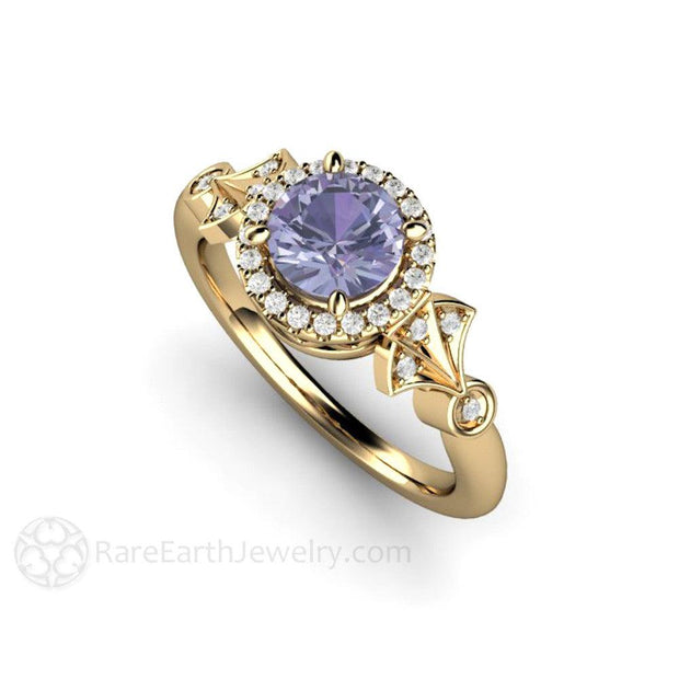 Round Cut Sapphire Diamond Halo Ring 14K Gold Rare Earth Jewelry