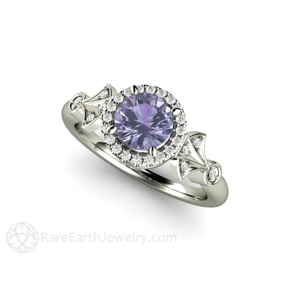 Color Change Purple Sapphire Ring Vintage Engagement Art Deco Diamond Halo - Rare Earth Jewelry