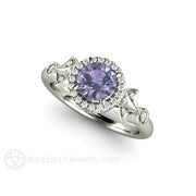 Color Change Purple Sapphire Ring Vintage Engagement Art Deco Diamond Halo 18K White Gold - Rare Earth Jewelry