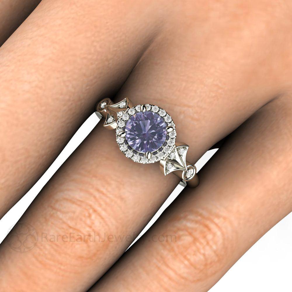 Color Change Purple Sapphire Ring Vintage Engagement Art Deco Diamond Halo - Rare Earth Jewelry