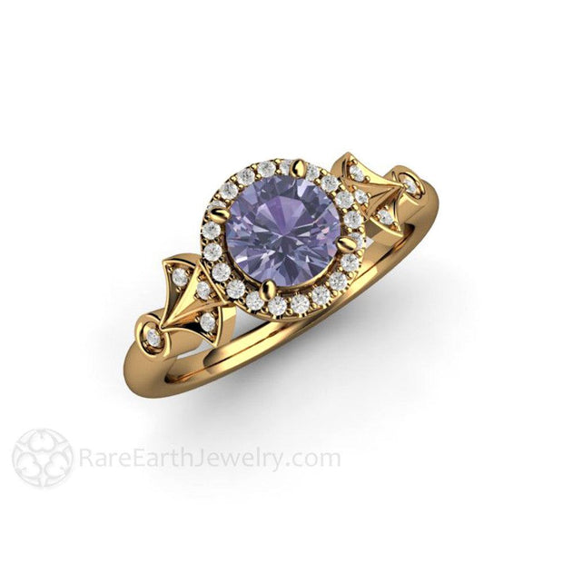 Color Change Purple Sapphire Ring Vintage Engagement Art Deco Diamond Halo 18K Yellow Gold - Rare Earth Jewelry