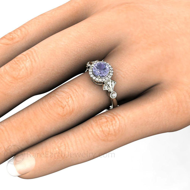 Color Change Purple Sapphire Ring Vintage Engagement Art Deco Diamond Halo - Rare Earth Jewelry