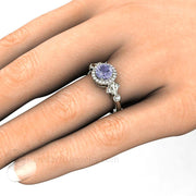 Color Change Purple Sapphire Ring Vintage Engagement Art Deco Diamond Halo 14K White Gold - Rare Earth Jewelry