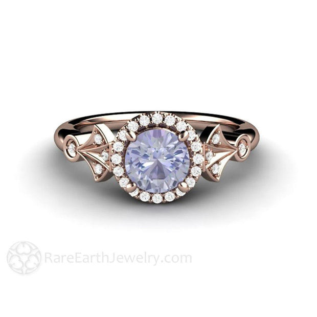 Color Change Purple Sapphire Ring Vintage Engagement Art Deco Diamond Halo 14K Rose Gold - Rare Earth Jewelry