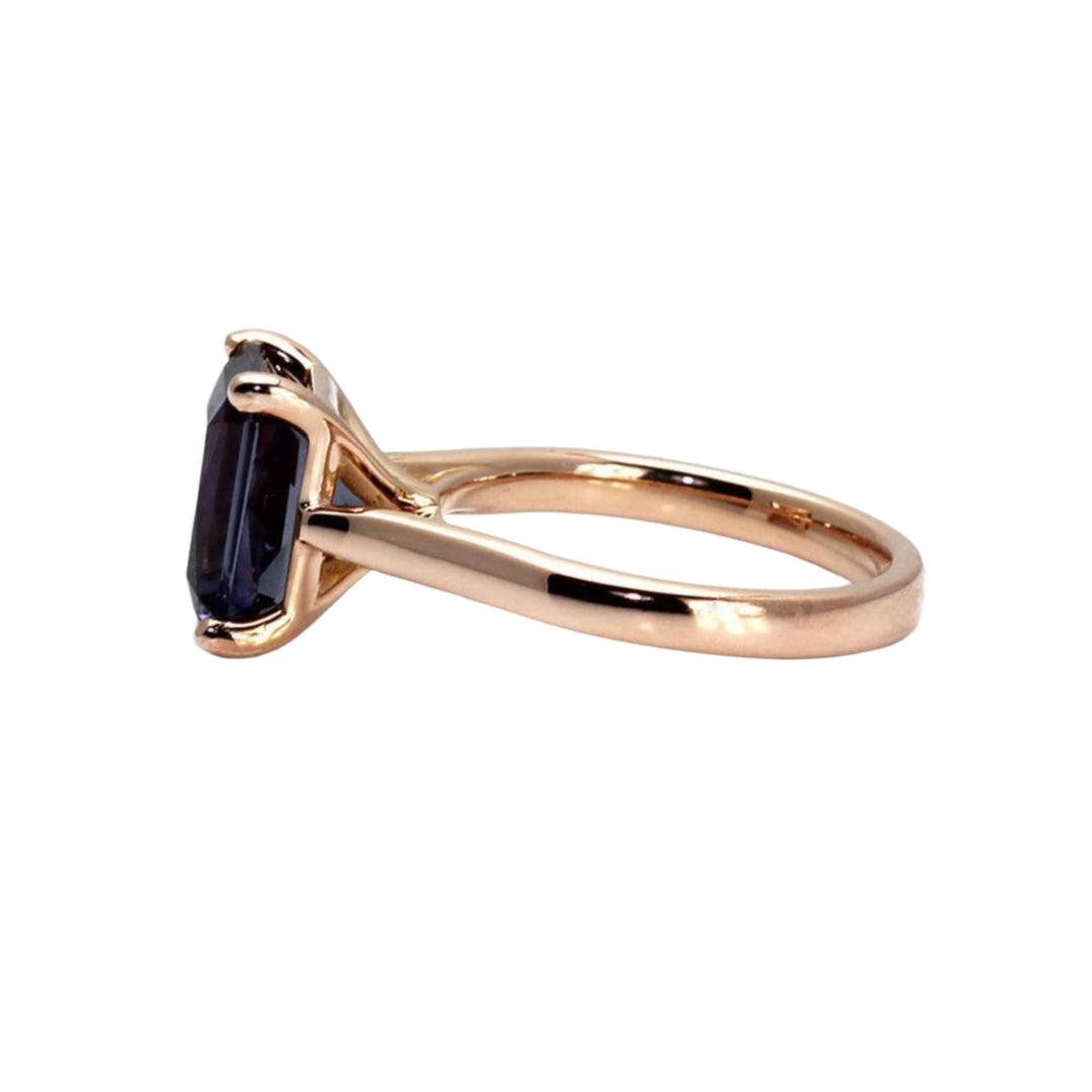 Color Change Sapphire Ring Side View | Emerald Cut Blue Sapphire Engagement Ring | Cathedral Solitaire Setting | Rare Earth Jewelry