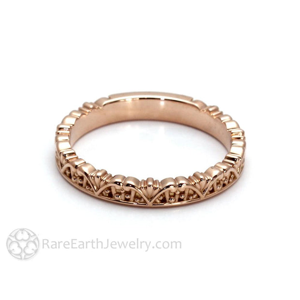 Crown Ring Vintage Style Wedding Band with Filigree 14K Rose Gold - Rare Earth Jewelry
