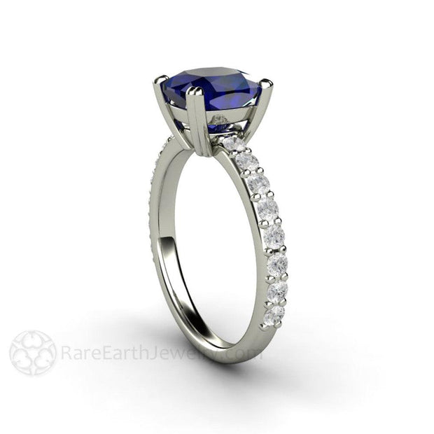 Cushion Blue Sapphire Engagement Ring Double Prong Solitaire Pave Diamonds 18K White Gold - Engagement Only - Rare Earth Jewelry