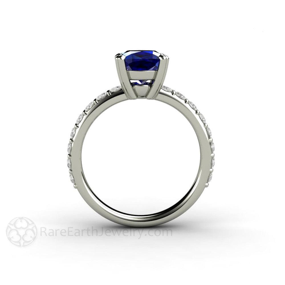 Blue Sapphire Cushion Engagement Ring Double Prong Solitaire Pave Diamonds - Rare Earth Jewelry