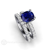 Cushion Blue Sapphire Engagement Ring Double Prong Solitaire Pave Diamonds 14K White Gold - Wedding Set - Rare Earth Jewelry