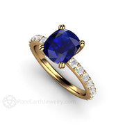 Cushion Blue Sapphire Engagement Ring Double Prong Solitaire Pave Diamonds 18K Yellow Gold - Engagement Only - Rare Earth Jewelry