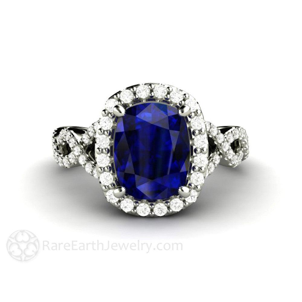 Cushion Blue Sapphire Engagement Ring Infinity Split Shank Diamond Halo - Rare Earth Jewelry