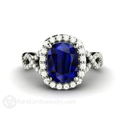 Cushion Blue Sapphire Engagement Ring Infinity Split Shank Diamond Halo Platinum - Engagement Only - Rare Earth Jewelry