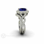 Cushion Blue Sapphire Engagement Ring Infinity Split Shank Diamond Halo 18K White Gold - Wedding Set - Rare Earth Jewelry