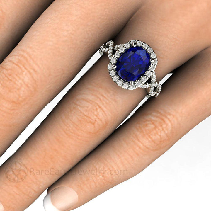 Cushion Blue Sapphire Engagement Ring Infinity Split Shank Diamond Halo - Rare Earth Jewelry