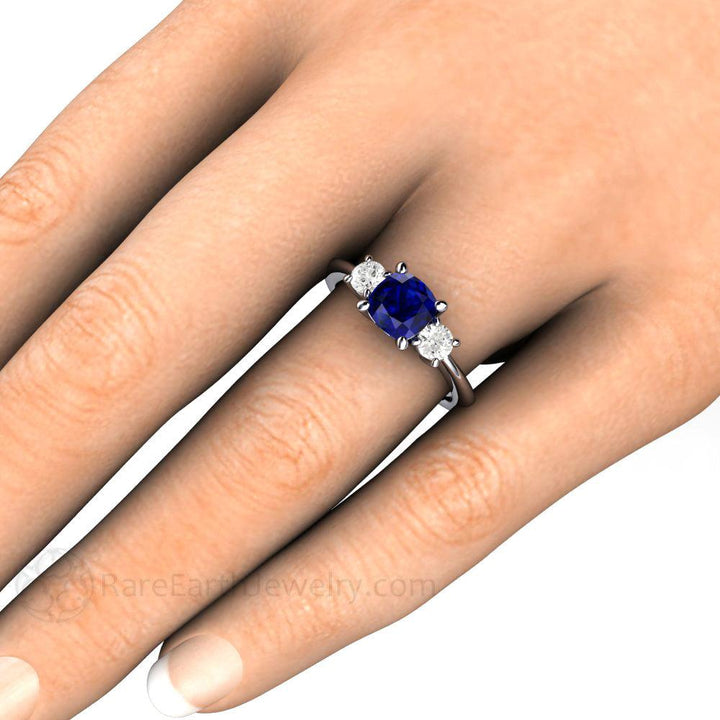 Cushion Cut 3 Stone Blue Sapphire Ring with Moissanite Accents - Rare Earth Jewelry