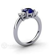 Cushion Cut 3 Stone Blue Sapphire Ring with Moissanite 18K White Gold - Rare Earth Jewelry