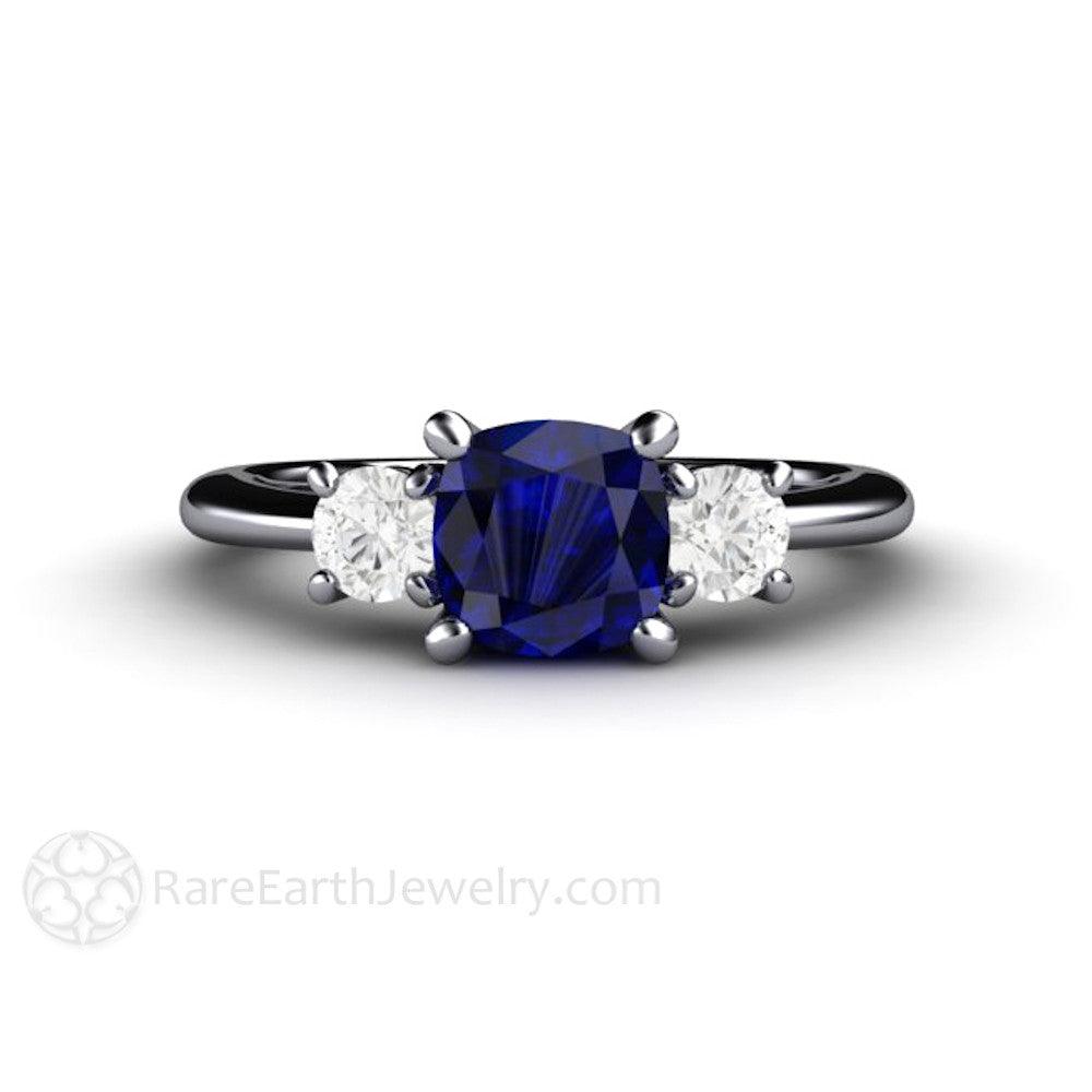 Cushion Cut Blue Sapphire Engagement Ring | 3 Stone Ring with Lab Diamond Accents