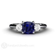 Cushion Cut 3 Stone Blue Sapphire Ring with Moissanite Platinum - Rare Earth Jewelry
