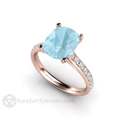 Cushion Cut Aquamarine Engagement Ring Solitaire with Diamonds 18K Rose Gold - Engagement Only - Rare Earth Jewelry