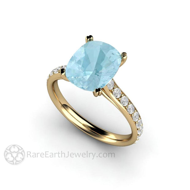 Cushion Cut Aquamarine Engagement Ring Solitaire with Diamonds 14K Yellow Gold - Engagement Only - Rare Earth Jewelry
