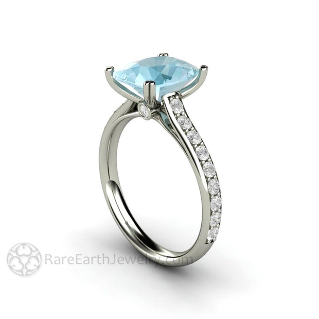 Cushion Cut Aquamarine Engagement Ring Solitaire with Diamonds 18K White Gold - Engagement Only - Rare Earth Jewelry