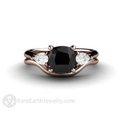 Cushion Cut Black Diamond Engagement Ring Three Stone - 14K Rose Gold - Wedding Set - April - Black - Cushion - Rare Earth Jewelry