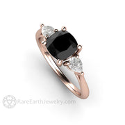 Cushion Cut Black Diamond Engagement Ring Three Stone - 18K Rose Gold - Engagement Only - April - Black - Cushion - Rare Earth Jewelry