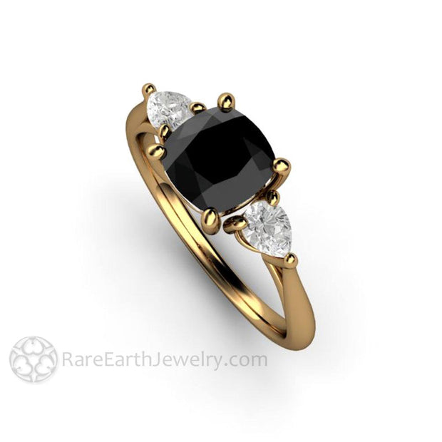 Cushion Cut Black Diamond Engagement Ring Three Stone 18K Yellow Gold - Engagement Only - Rare Earth Jewelry