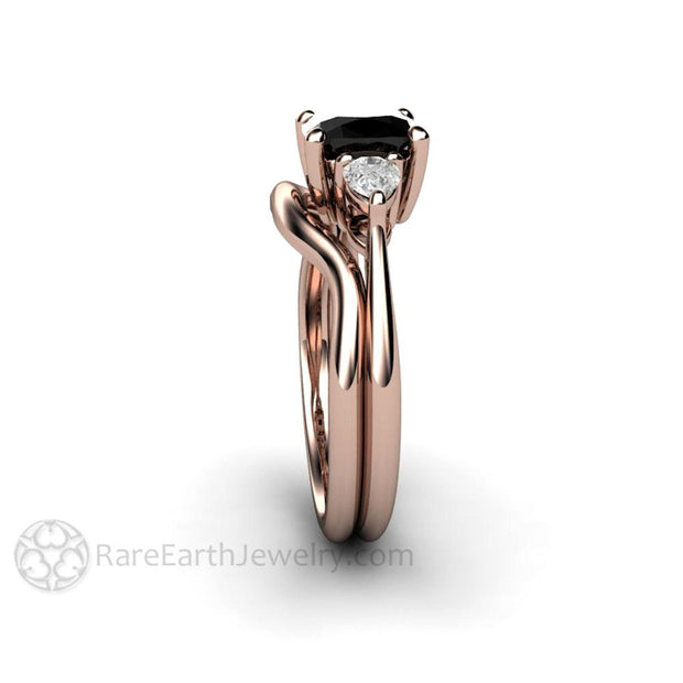 Cushion Cut Black Diamond Engagement Ring Three Stone 14K Rose Gold - Wedding Set - Rare Earth Jewelry