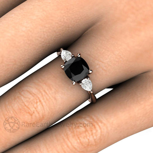 Cushion Cut Black Diamond Engagement Ring Three Stone 14K Rose Gold - Engagement Only - Rare Earth Jewelry
