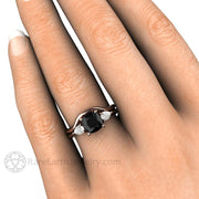 Cushion Cut Black Diamond Engagement Ring Three Stone 14K Rose Gold - Wedding Set - Rare Earth Jewelry