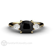 Cushion Cut Black Diamond Engagement Ring Three Stone 14K Yellow Gold - Engagement Only - Rare Earth Jewelry