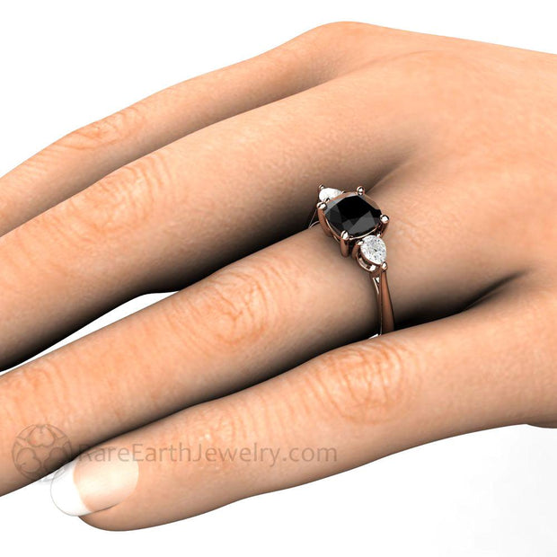 Cushion Cut Black Diamond Engagement Ring Three Stone - 14K Rose Gold - Engagement Only - April - Black - Cushion - Rare Earth Jewelry