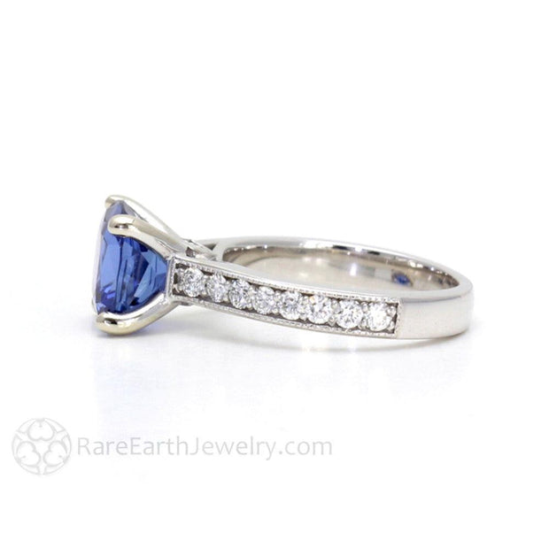Cushion Cut Blue Sapphire Engagement Ring 3 Carat Cathedral Solitaire with Diamonds 18K White Gold - Rare Earth Jewelry