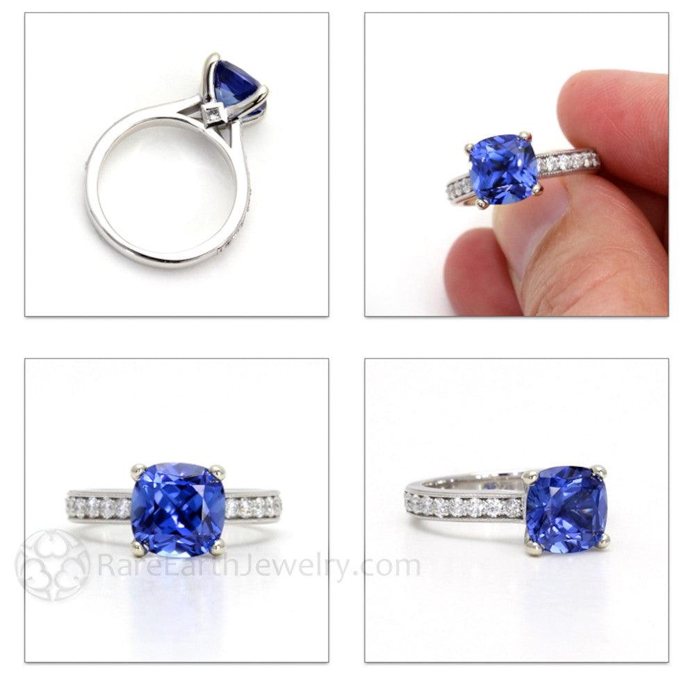 Cushion Cut Blue Sapphire Engagement Ring 3 Carat Cathedral Solitaire ...