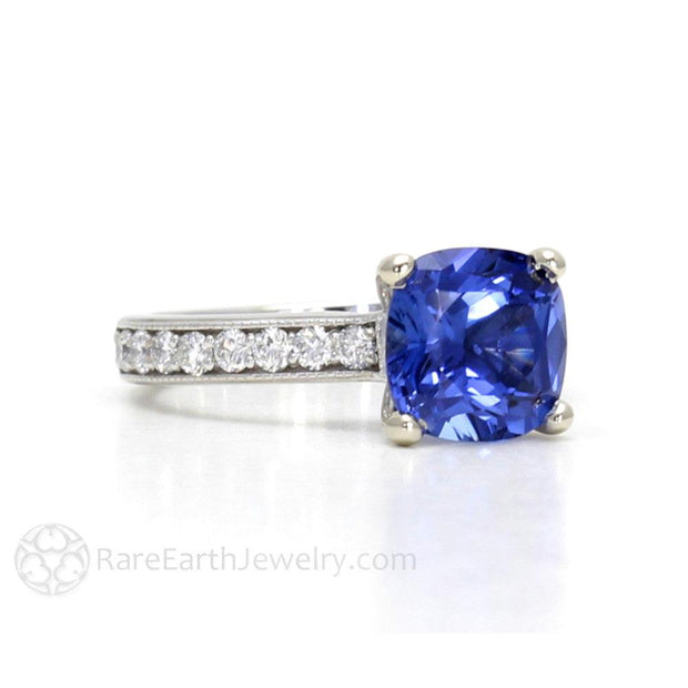 Cushion Cut Blue Sapphire Engagement Ring 3 Carat Cathedral Solitaire with Diamonds Platinum - Rare Earth Jewelry