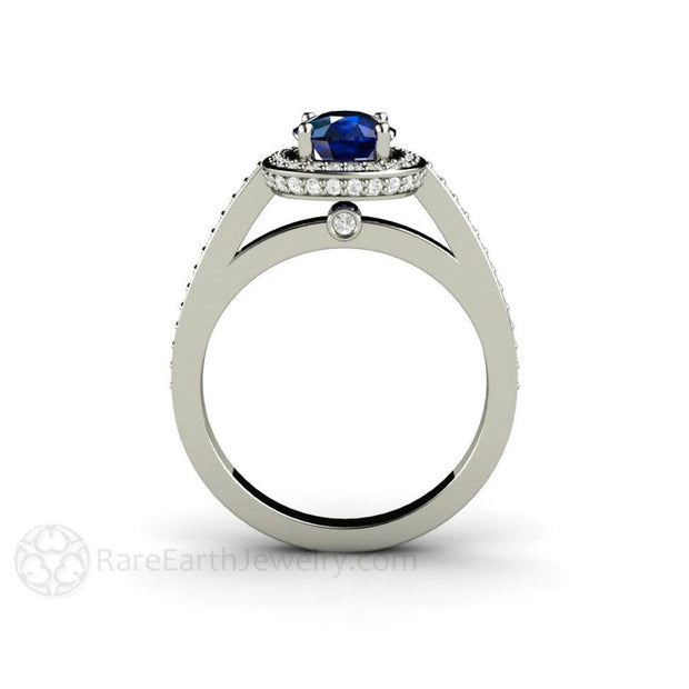 Cushion Cut Blue Sapphire Engagement Ring with Diamond Halo Platinum - Rare Earth Jewelry