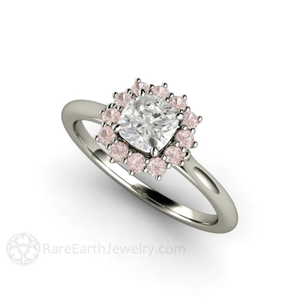 Cushion Cut Diamond Engagement Ring with Argyle Pink Diamond Halo Cluster Style 14K White Gold - Rare Earth Jewelry