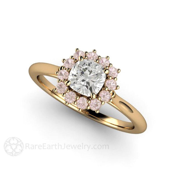 Cushion Cut Diamond Engagement Ring with Argyle Pink Diamond Halo Cluster Style 14K Yellow Gold - Rare Earth Jewelry
