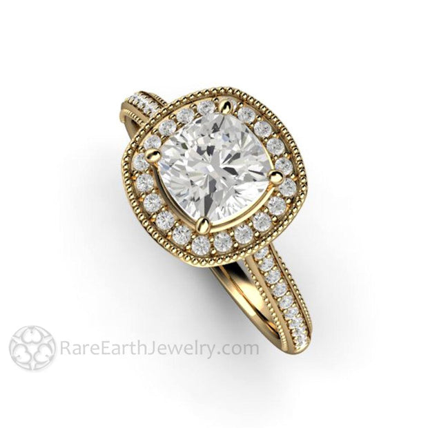 Cushion Cut Forever One Moissanite Engagement Ring Vintage Filigree Halo 14K Yellow Gold - Engagement Only - Rare Earth Jewelry