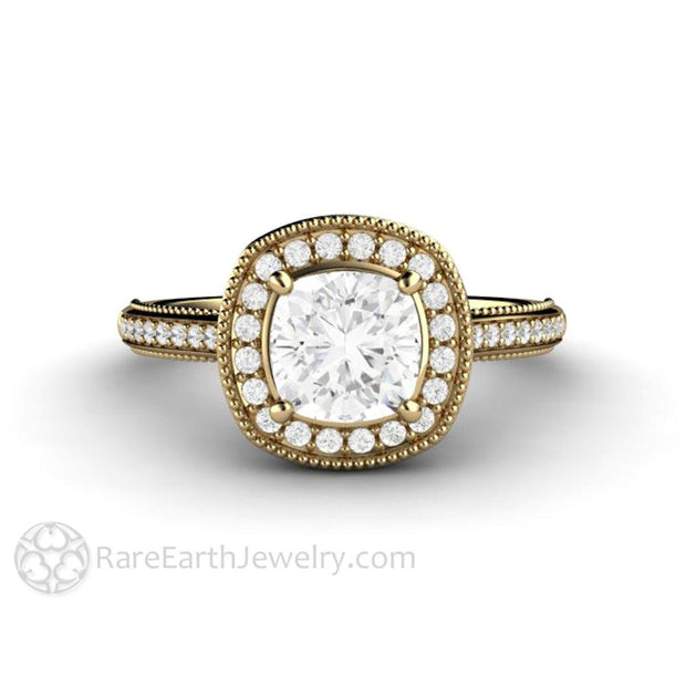 Rare Earth Jewelry Moissanite Engagement Ring Beaded Milgrain Filigree Halo Setting 1ct Cushion Forever One Diamond Accented 14K