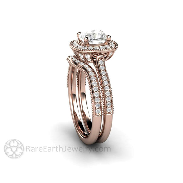 Cushion Cut Forever One Moissanite Engagement Ring Vintage Filigree Halo 18K Rose Gold - Wedding Set - Rare Earth Jewelry
