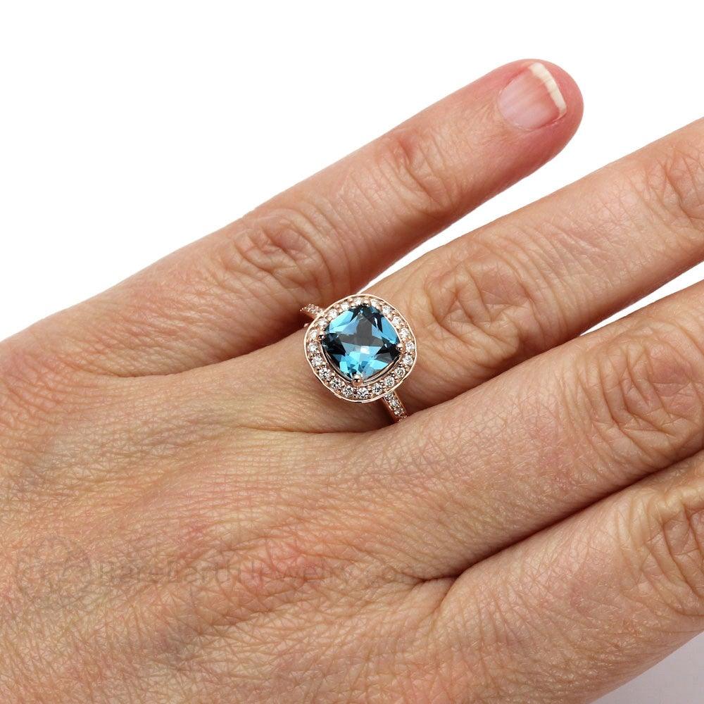London Blue Topaz Cushion Cut Engagement Ring Diamond Halo