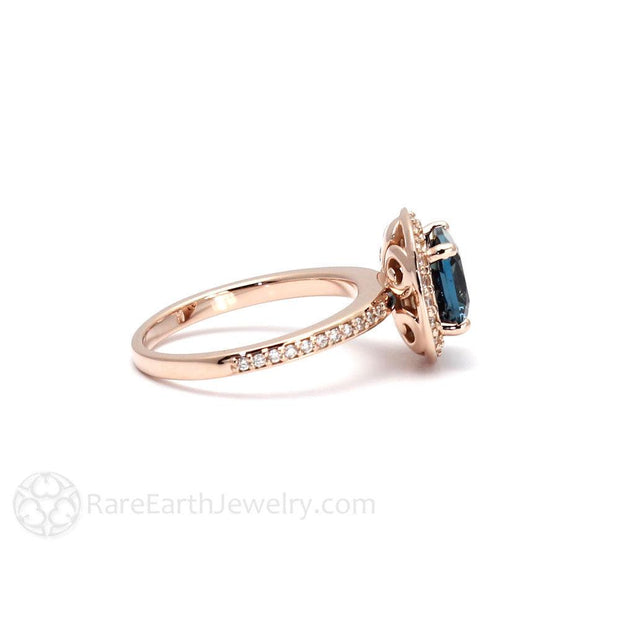 Cushion Cut London Blue Topaz Ring Diamond Halo Engagement 14K Rose Gold - Rare Earth Jewelry