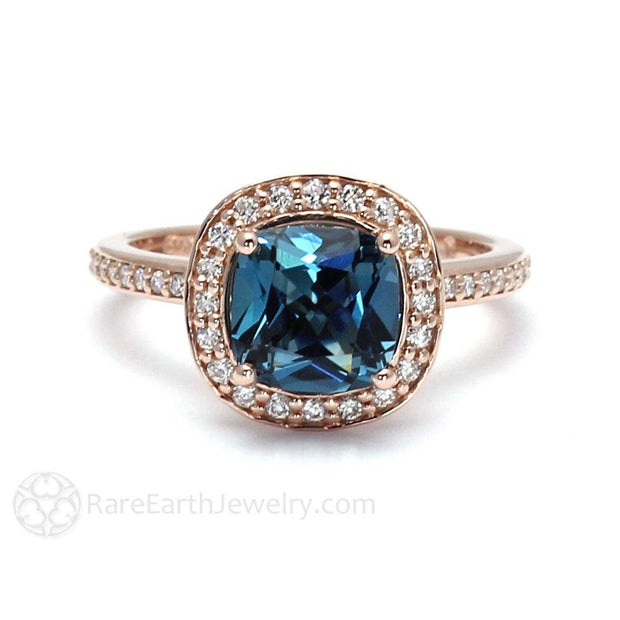Cushion Cut London Blue Topaz Ring Diamond Halo Engagement 14K Rose Gold - Rare Earth Jewelry