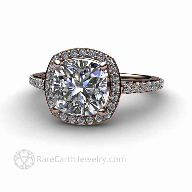 Cushion Cut Moissanite Engagement Ring Pave Diamond Halo 18K Rose Gold - Engagement Only - Rare Earth Jewelry