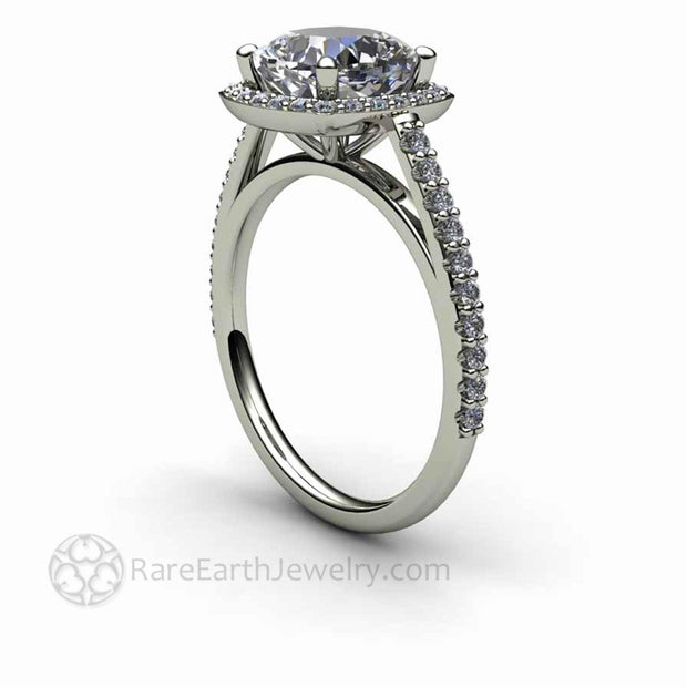 Cushion Cut Moissanite Engagement Ring Pave Diamond Halo 18K White Gold - Engagement Only - Rare Earth Jewelry