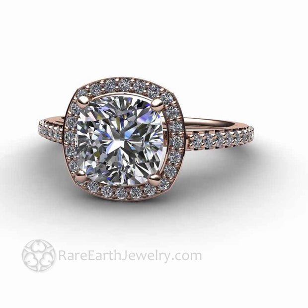 Cushion Cut Moissanite Engagement Ring Pave Diamond Halo - 14K Rose Gold - Engagement Only - April - Cushion - Halo - Rare Earth Jewelry